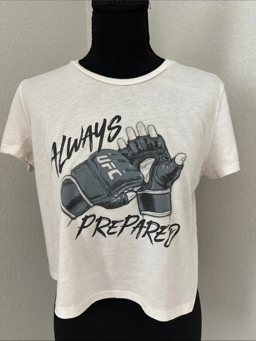 UFC White Cropped Tee with Black/Gray Glove Graphic